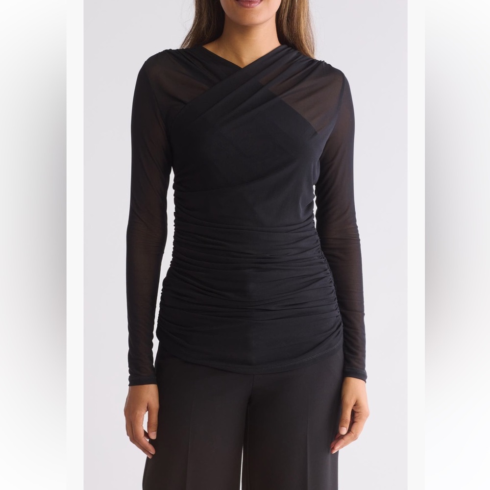 Patrizia Luca Black Shirred Sheer Blouse Large